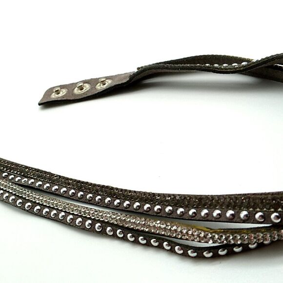 YIK Fung Crystal Studded Leather Wrap Bracelet Signed - Picture 3 of 15